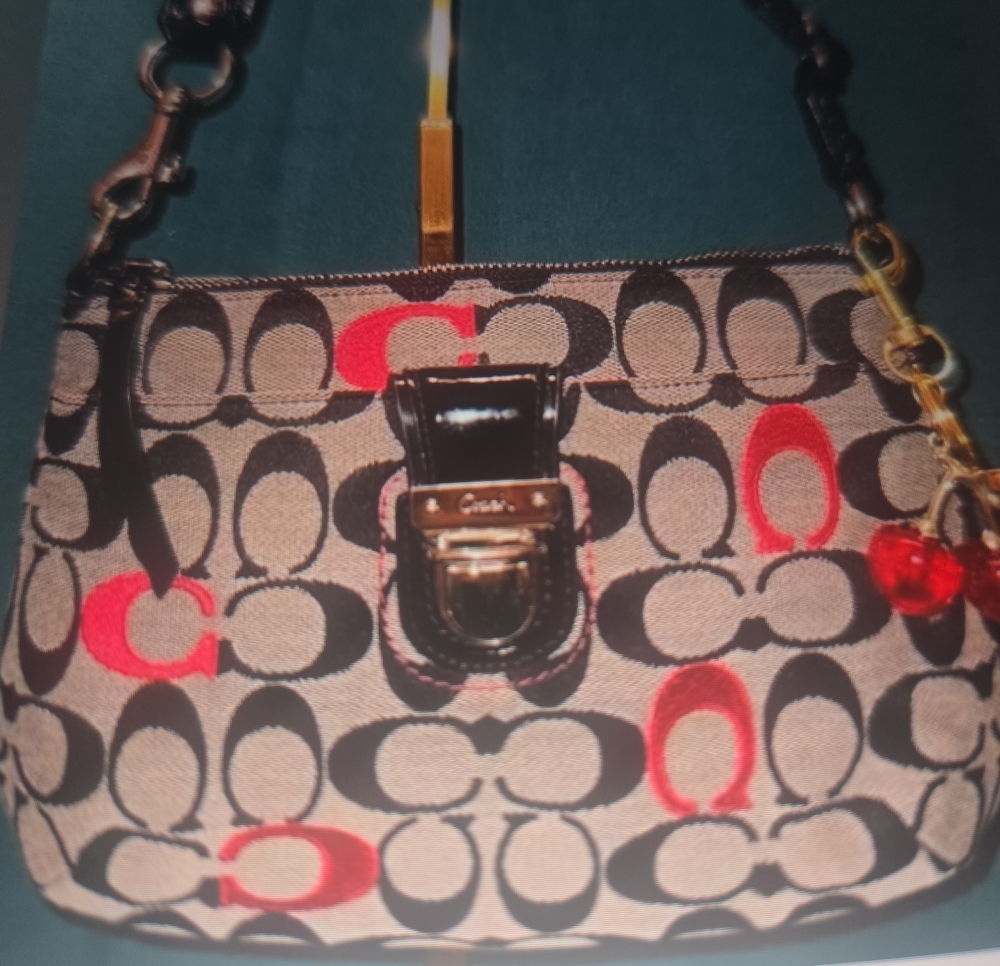 Coach Canvas Shoulder Bag in Beige, Black & Red
